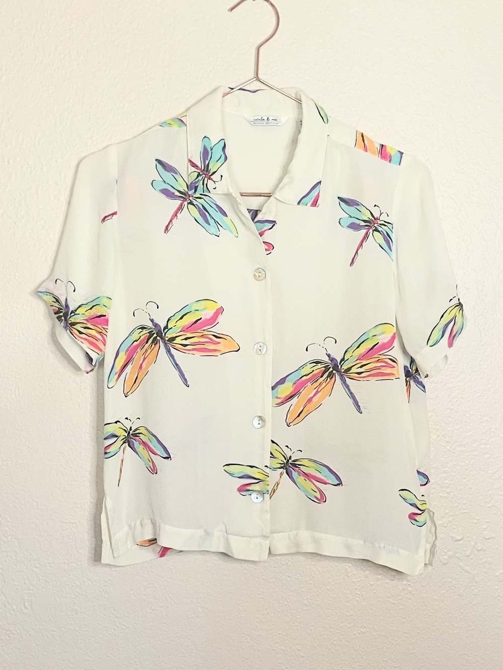 Vintage Silk Dragonfly Blouse Petite Ivory Novelty Print Button Front